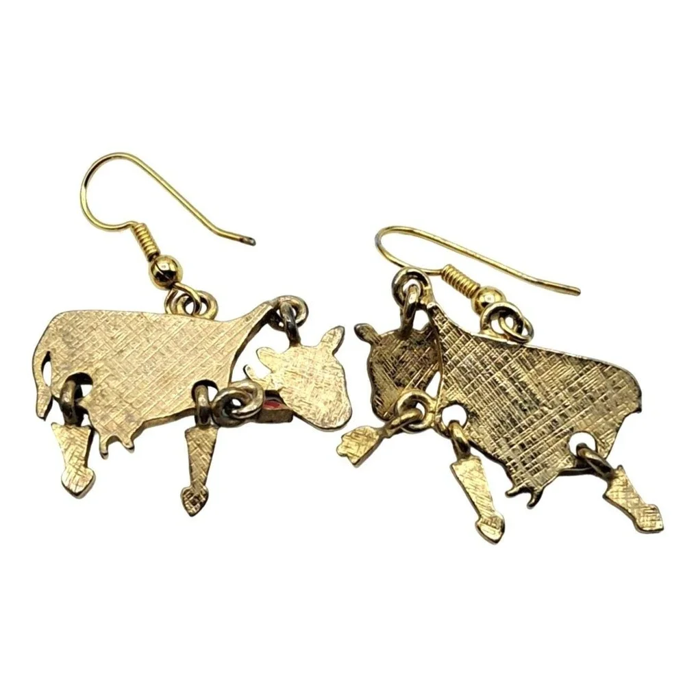 Enamel Cow Earrings Articulating Pierced Novelty Signed Jewelry‎